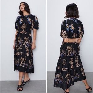 Zara Black Smocked Embroidered Puff Sleeve Midi Dress Blogger Fav Size Medium